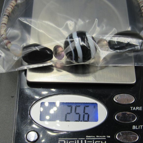 14" Sterling Silver Black Stones & Thin Cut Shell Necklace Vintage - Picture 6 of 6